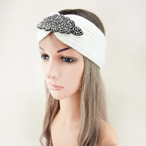 Fascia in maglia bianca con strass scintillanti, accessorio per capelli invernali caldo.