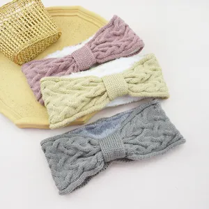 Knitted fleece-lined bow headband set, warm thick winter ear warmer hair bands.