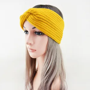 Detailed view of yellow knitted cross headband, winter warm ear muffs hair accessory.