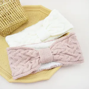 Cable knit fleece lined bow headband winter warm plush hair band detail white pink set