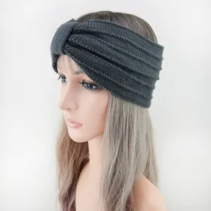 Dark grey knitted headband detail, featuring a stylish twist knot and ribbed texture.