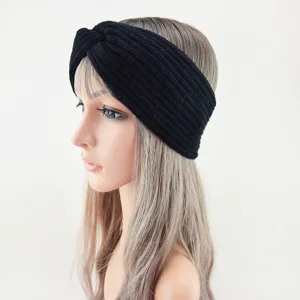 Black knitted headband for women fleece lined winter ear warmer stretchy hair accessory detail