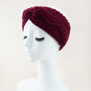 Wine Red Knitted Winter Headband Fleece Lined Ear Warmer Cross Wavy Hair Band Cozy