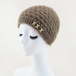 Berretto in maglia marrone da donna cappello invernale caldo in lana con strass X decoro