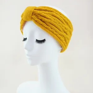 Yellow knit fleece lined headband bow winter warm ear warmer sports hair band soft