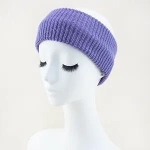 Purple knitted headband for women, solid color ribbed winter hair accessory soft warm.