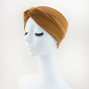 Fascia per capelli incrociata in maglia a coste marrone da donna, elegante fascia sportiva.