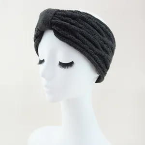 Dark grey knitted headband for women, thick fleece lined winter ear warmer hair band.
