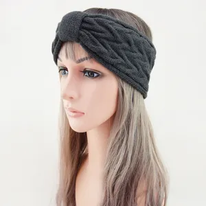 Detail shot of dark grey cable knit headband, warm fleece-lined winter ear warmer hair band.