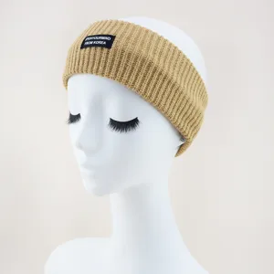 Khaki knitted headband for women, wide fleece hair band, casual daily hair accessory detail.
