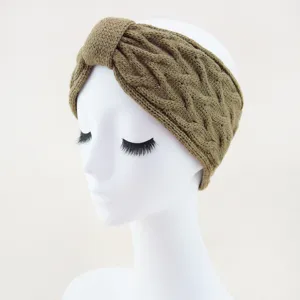 Cozy khaki cable-knit headband for women, thick fleece-lined winter ear warmer hair accessory.