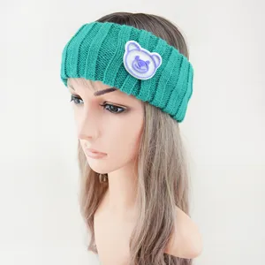 Knitted hairband with cute bear patch, wide winter warm fleece headband for women and girls.