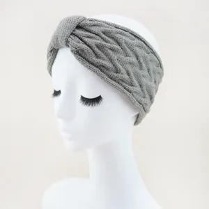 Grey cable knit fleece lined headband detail, winter warm ear protection hair band.