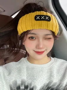 Korean style knitted hairband with black tag cute yellow wide headband for women daily wear