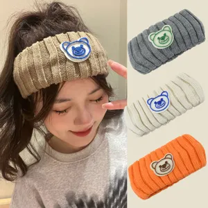 Cute Cartoon Bear Knitted Headband Soft Acrylic Chunky Knit Wide Hairband Elastic Hair Turban Headwrap For Washing Face Casual Hair Accessories Unisex