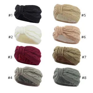 Women Winter Knitted Hairband Bowknot Plaid Geometric Fleece Lined Ear Warm Headband Western Acrylic Thick Cable Knit Hair Band