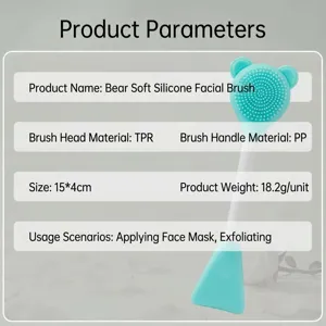 Silicone facial cleansing brush detail, dual-ended soft bristle and spatula for skincare routine.