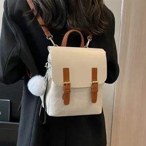 Sac à Dos Femme en Cuir PU avec Motif de Diamant Vintage Preppy Sac d'École Étudiant avec Rabat Double Boucle et Accessoire Pompon