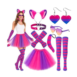 Cosplay costume set with cat ears headband, tail, choker, tutu skirt, and accessories for party.
