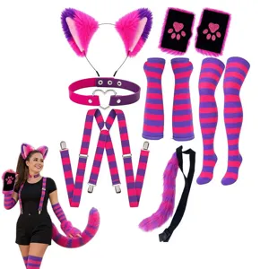 Cat fox ear headband tail choker gloves thigh high socks cosplay costume set for Halloween party