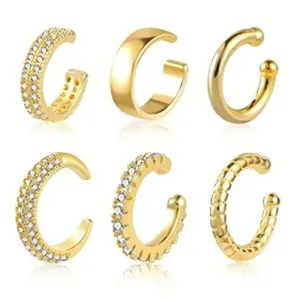 Gold-plated ear cuff set, non-pierced cartilage earrings, elegant stacking jewelry for women.
