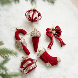 Ensemble de suspensions en velours pour sapin de noël, décorations festives rouges or.