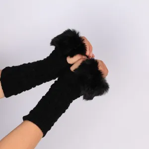 Women winter warm knitted fingerless gloves with fluffy faux fur cuffs black arm warmers