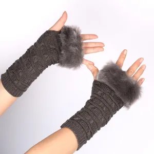 Women winter knitted half finger gloves warm thick faux fur cuffs grey arm warmers style