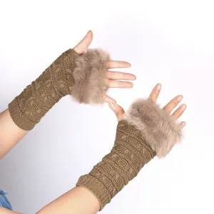 Women's winter knit fingerless gloves with plush faux fur cuffs warm arm warmers brown