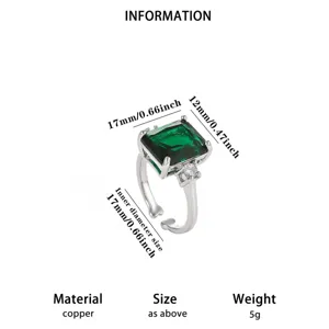 Detailed closeup of the emerald green zirconia ring, highlighting dimensions and specs.