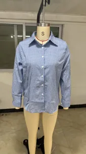 Detailed view of the classic blue and white plaid long sleeve button down lapel shirt.