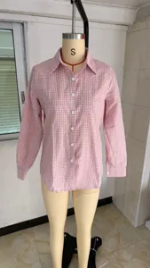 Pink and white gingham long sleeve button down shirt for women casual daily wear chic style.