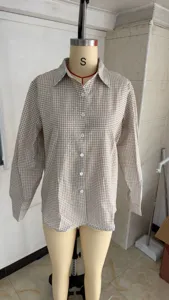 Women casual beige plaid long sleeve button down shirt lapel collar versatile fashion top
