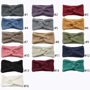 Details of assorted knitted cross headbands in 16 colors, warm winter hair accessories.