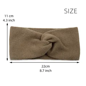 Brown knitted twist headband detail view showing dimensions 22cm by 11cm autumn warm hair accessory