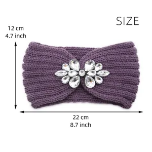 Purple knitted headband with sparkling rhinestone crystal embellishment, warm winter hair accessory.