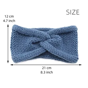 Blue knitted twisted headband ear warmer, warm winter hair accessory for sports yoga daily wear.