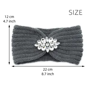 Grey knitted headband with sparkling rhinestone brooch, winter warm ear warmer, 22x12cm
