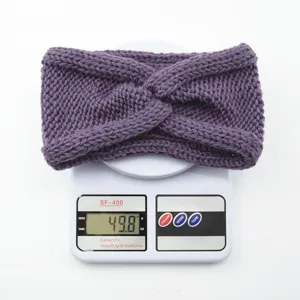 Purple knitted twisted headband wool winter warm hair accessory soft ear warmer detail view