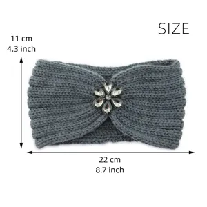 Grey knitted headband with sparkling rhinestone flower, warm winter ear warmer hair accessory.