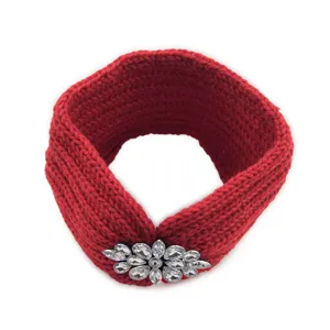 Red knitted headband detail, rhinestone flower crystal embellishment, warm winter hair accessory.
