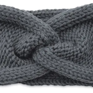 Detail shot of dark grey knitted twist headband, winter warm hair accessory and sports headband.