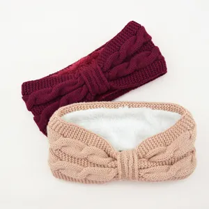 Knitted fleece-lined bow headband winter warm double cable knit ear warmer hair accessory