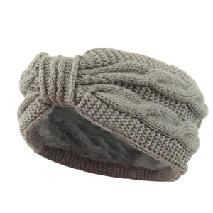 Cozy grey cable knit headband with plush lining and bow knot, warm winter ear warmer.