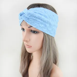 Blue bubble fabric twist headband for women, wide double-layer hair band for sports and yoga.