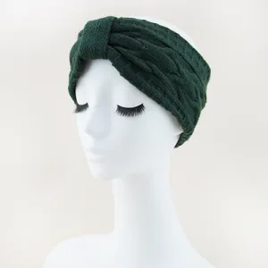 Fascia per capelli in maglia verde scuro, cerchietto con fiocco intrecciato caldo, accessorio.