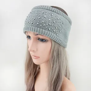 Grijs gebreide haarband met strass voor vrouwen winter warme fleece gevoerde haaraccessoire