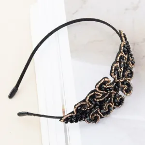 Exquisite black crystal beaded headband, handmade side floral hair hoop detail for women.