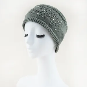 Grijze gebreide fleece gevoerde haarband met glinsterende zilveren strass steentjes voor de winter.