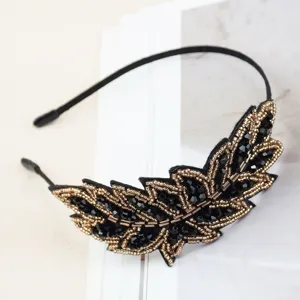Crystal leaf headband with black beads and rhinestones, elegant hair accessory for women.